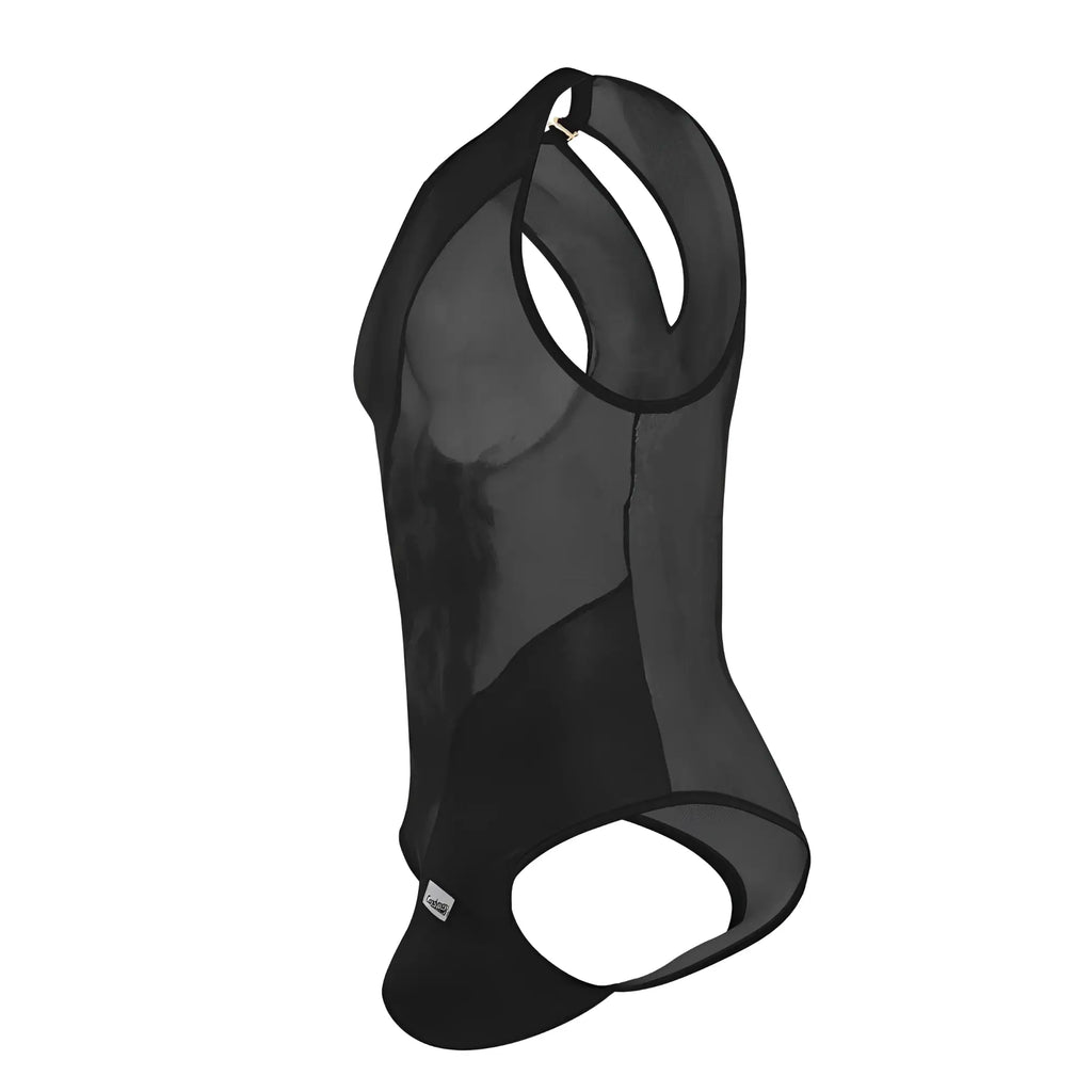 Black mesh racerback tank top with cutout details from candyman 99699x mesh bodysuit color black showing back side