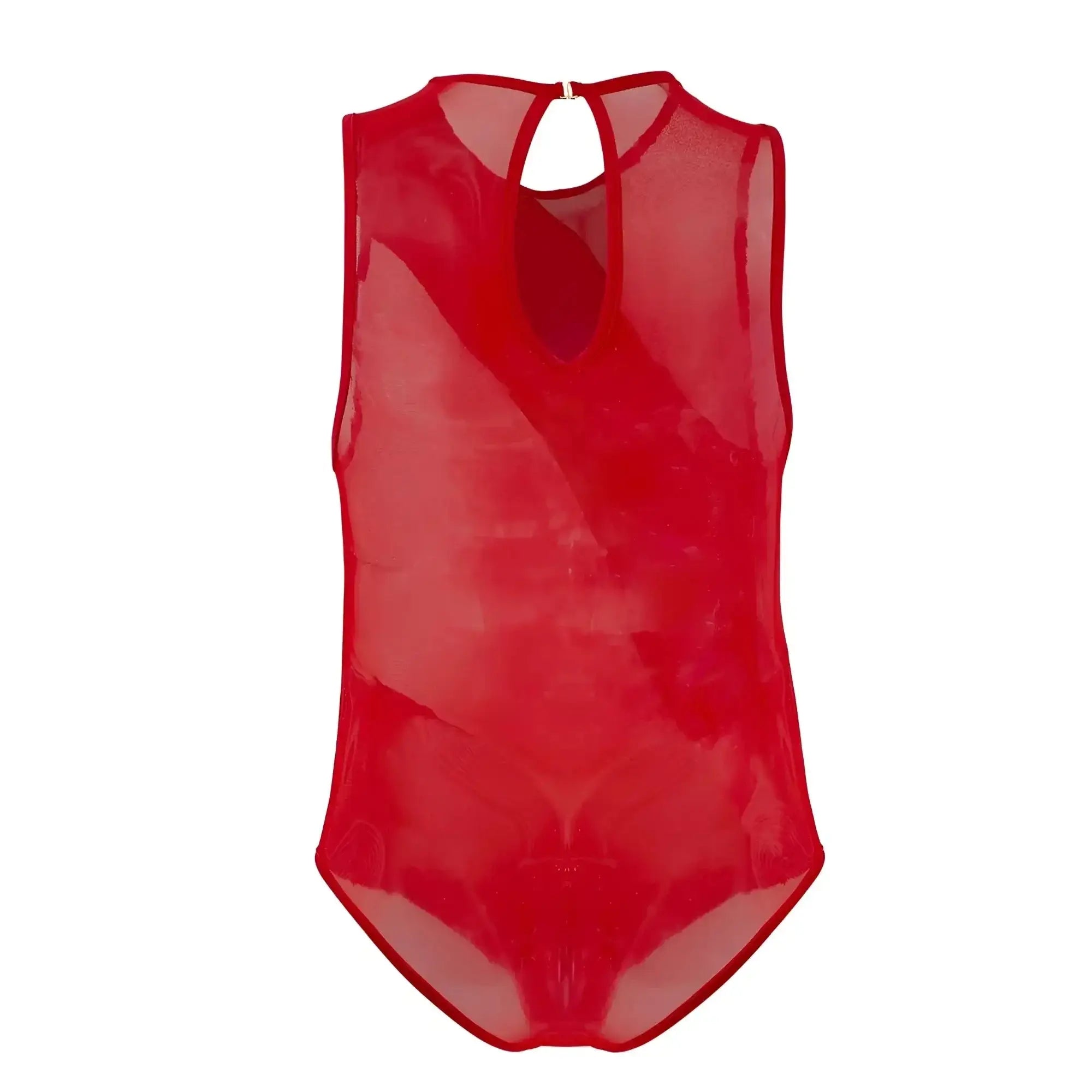 CandyMan 99699X red sheer mesh one-piece bodysuit with keyhole neckline and back closure shown from the back