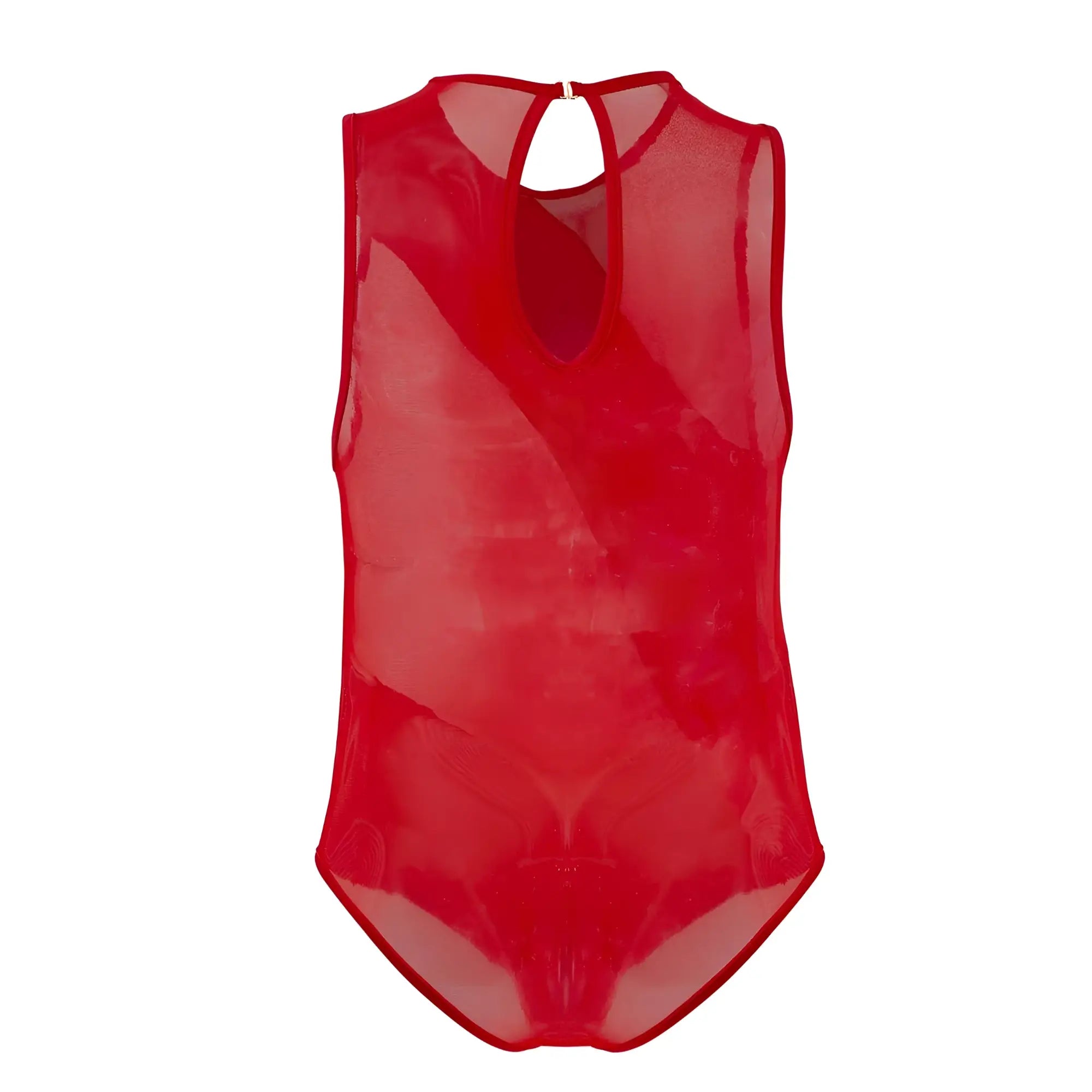 CandyMan 99699X red sheer mesh one-piece bodysuit with keyhole neckline and back closure shown from the back