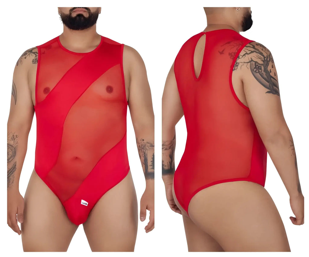 Red sheer mesh one-piece bodysuit by CandyMan with bold geometric cutouts and back keyhole detail