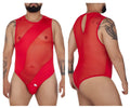 Red sheer mesh one-piece bodysuit by CandyMan with bold geometric cutouts and back keyhole detail