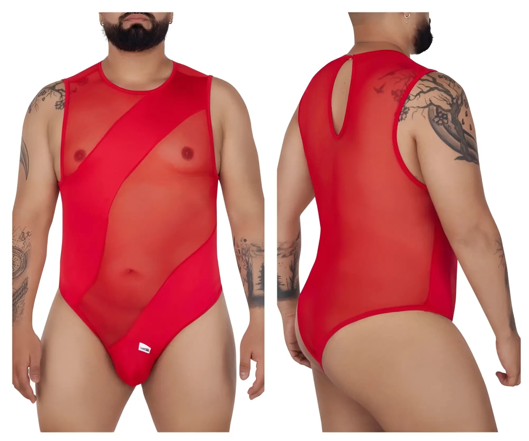 Red sheer mesh one-piece bodysuit by CandyMan with bold geometric cutouts and back keyhole detail