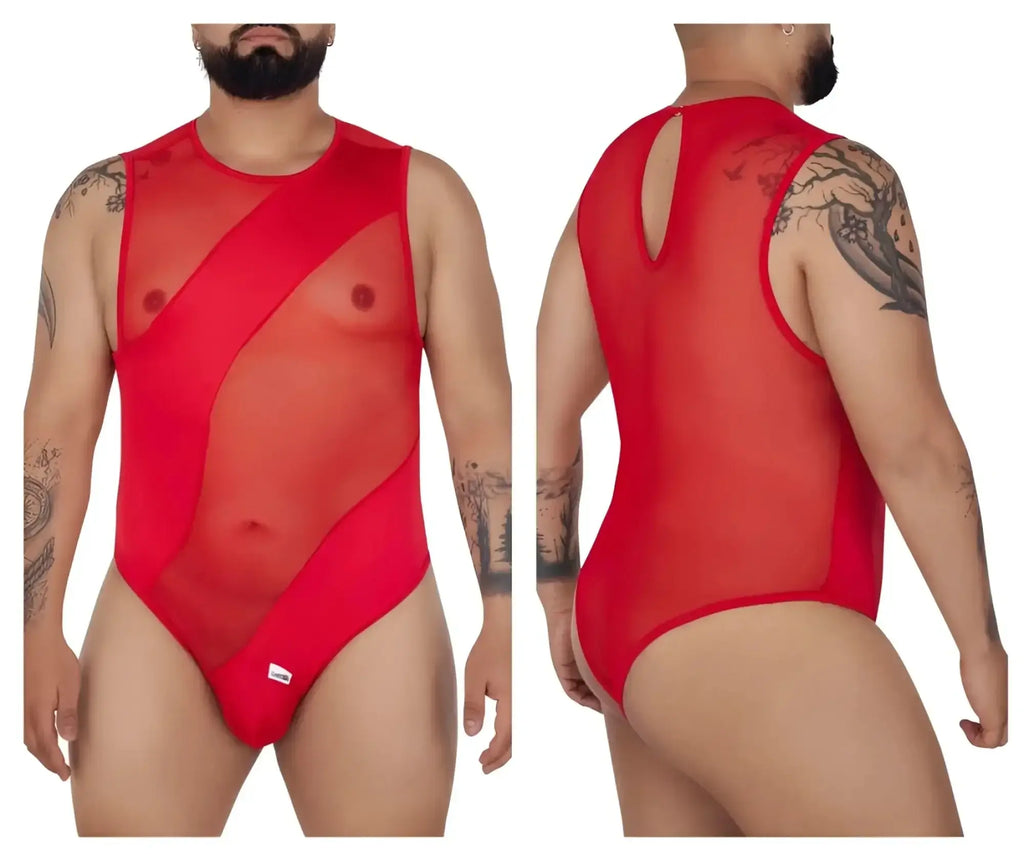Red sheer mesh one-piece bodysuit by CandyMan with bold geometric cutouts and back keyhole detail