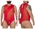 Red sheer mesh one-piece bodysuit by CandyMan with bold geometric cutouts and back keyhole detail