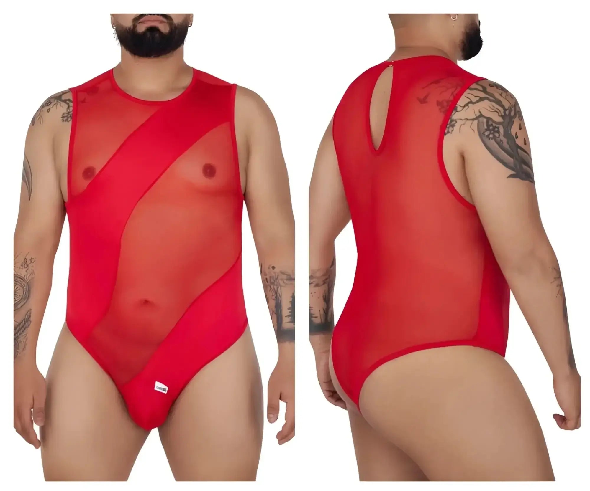 Red sheer mesh one-piece bodysuit by CandyMan with bold geometric cutouts and back keyhole detail