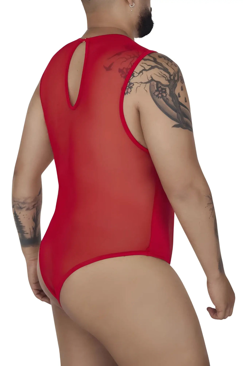 Red sheer mesh one-piece bodysuit by candyman with back cutout sleeveless design in vibrant red color
