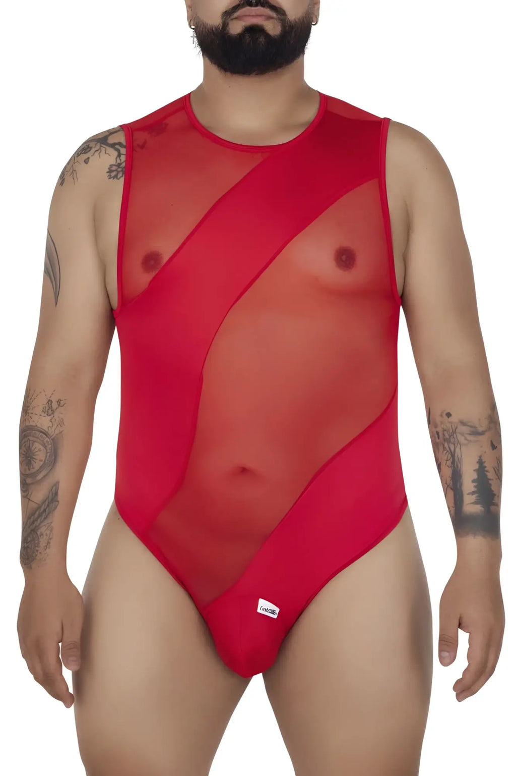 Red CandyMan 99699X mesh bodysuit with bold diagonal panels and a fitted cut one-piece swimsuit design