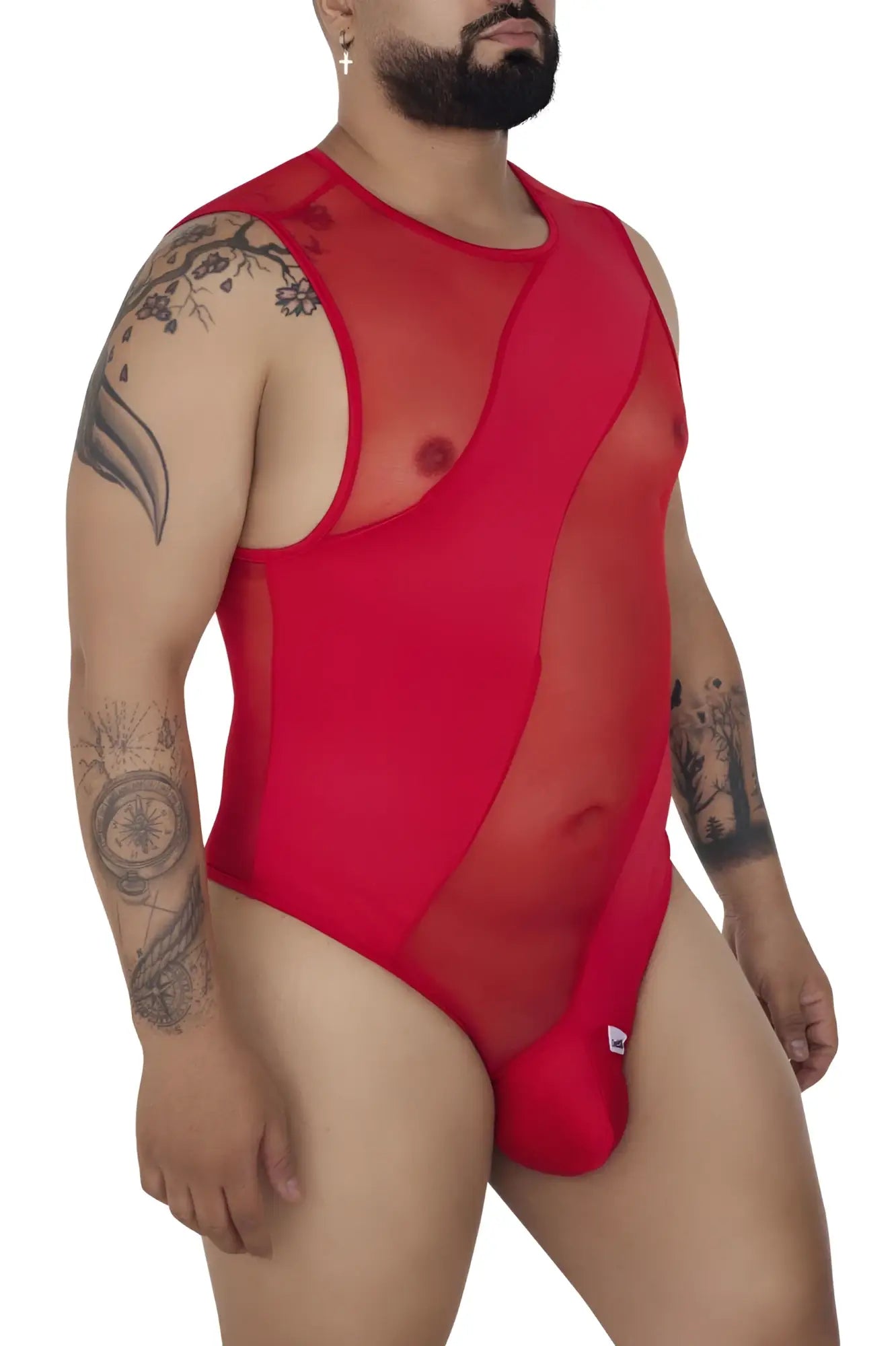 CandyMan 99699X red sheer mesh one-piece swimsuit with solid red panel and stylish cutout design