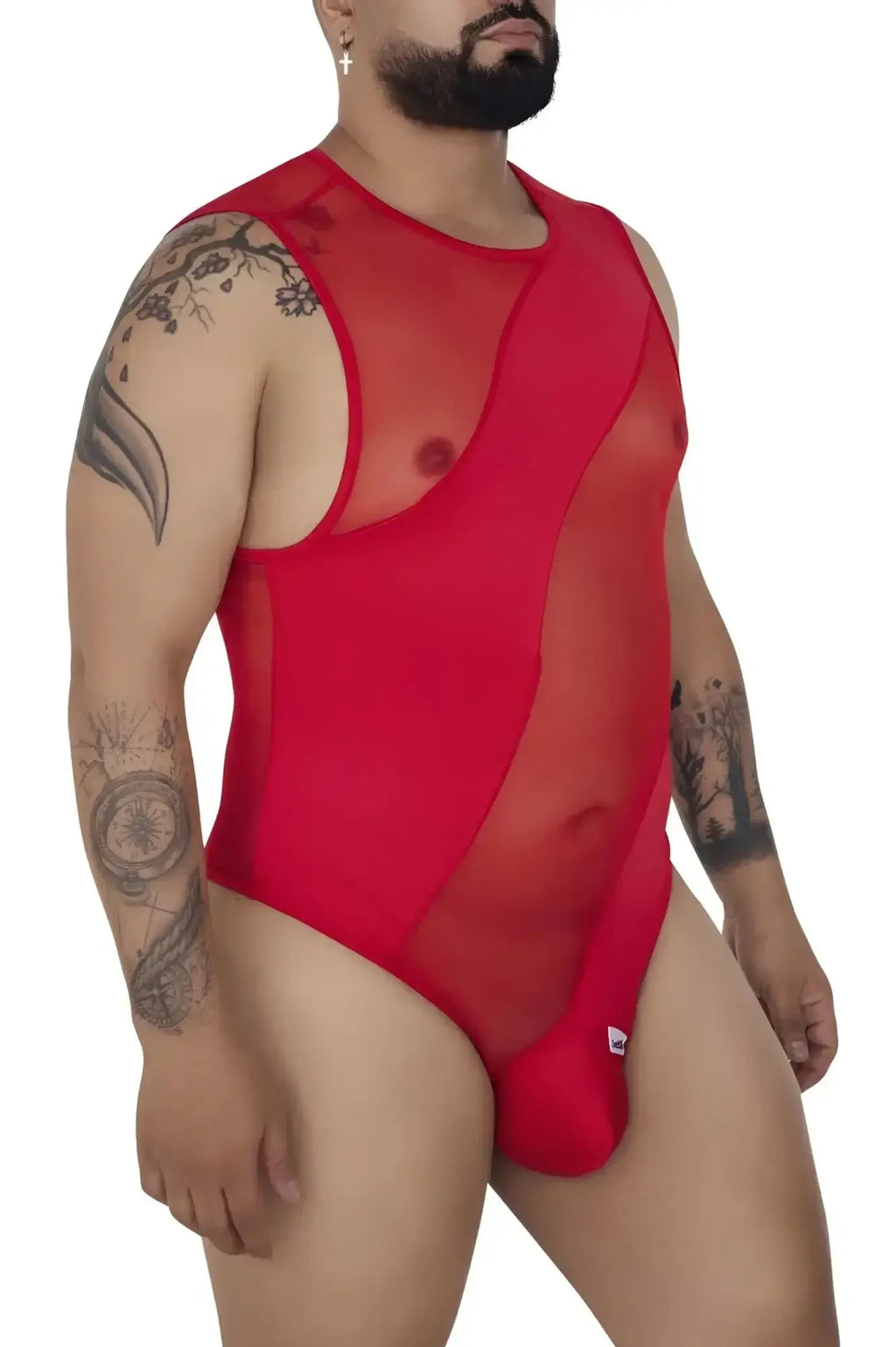CandyMan 99699X red sheer mesh one-piece swimsuit with solid red panel and stylish cutout design