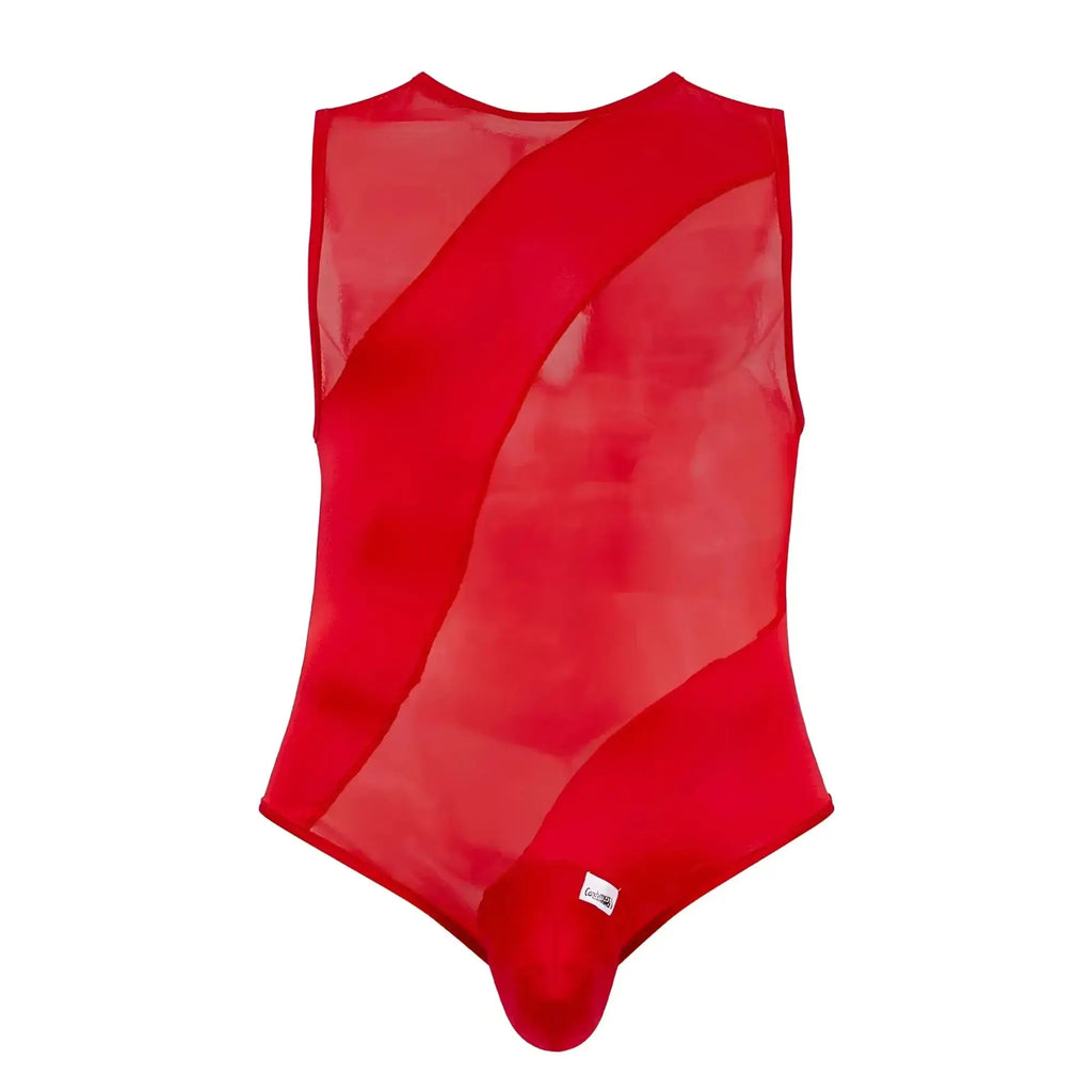 A vibrant red sleeveless CandyMan 99699X mesh bodysuit with sheer overlay and bold diagonal panels