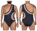 Black one-piece swimsuit candyman 99702x featuring a vibrant rainbow arc and cutout details shown from the back side