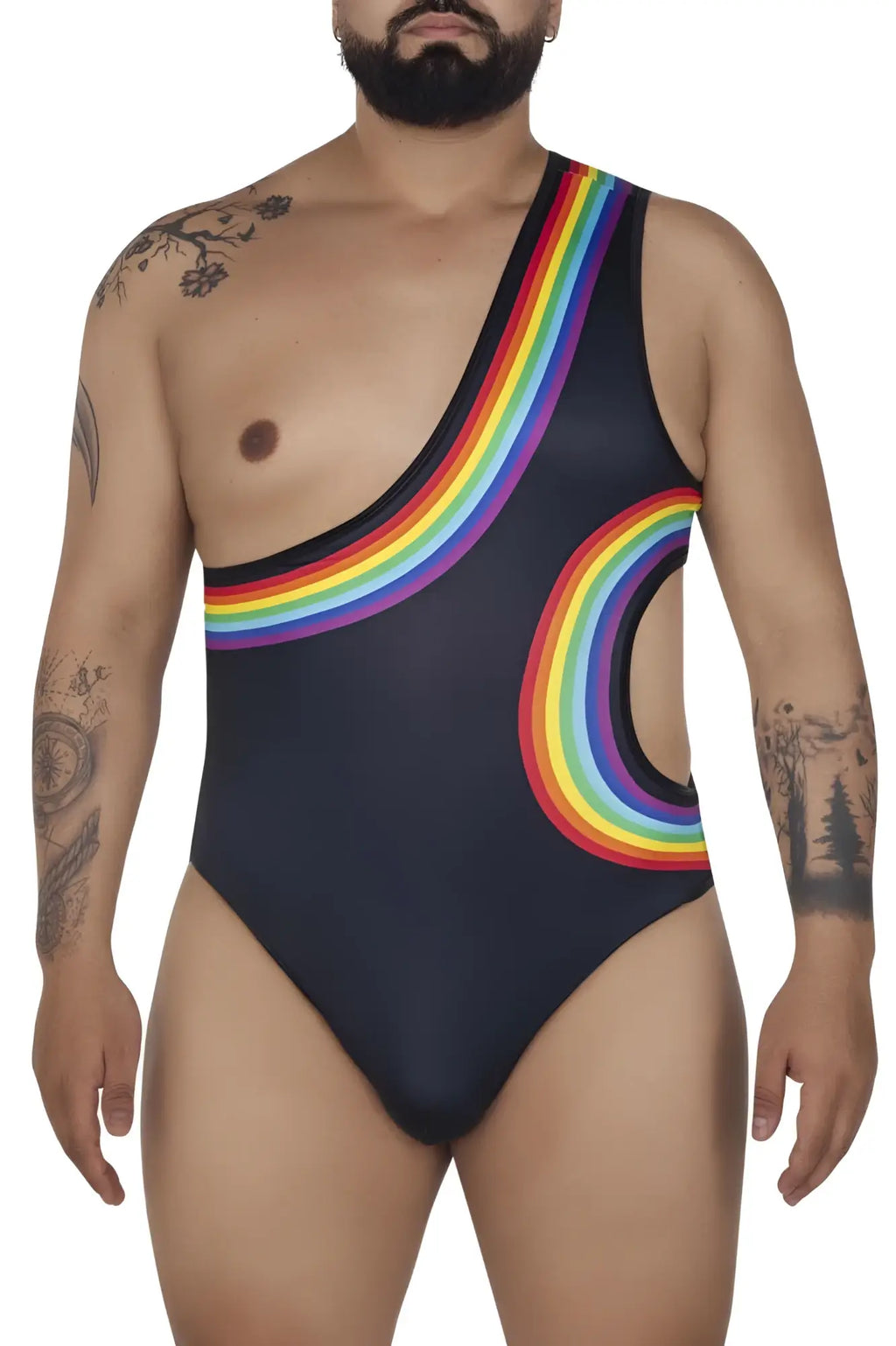 Black one-piece swimsuit candyman 99702x featuring a vibrant rainbow arc and side hip cutouts