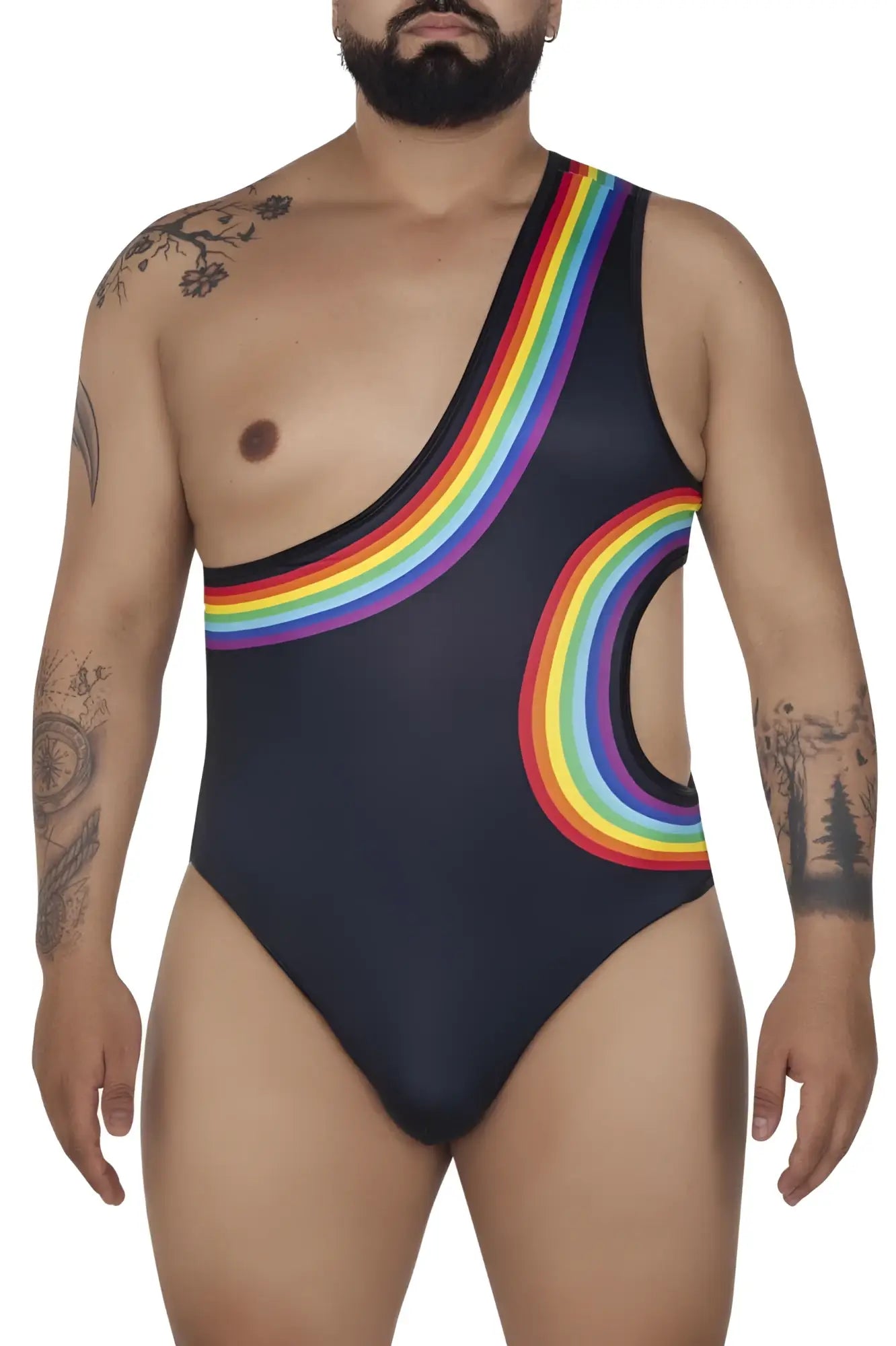 Black one-piece swimsuit candyman 99702x featuring a vibrant rainbow arc and side hip cutouts