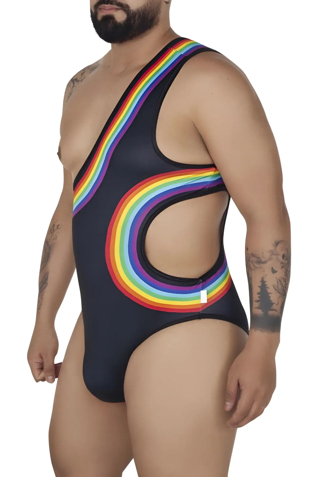 Black CandyMan 99702X one-piece swimsuit with vibrant rainbow arc design on torso and hip area