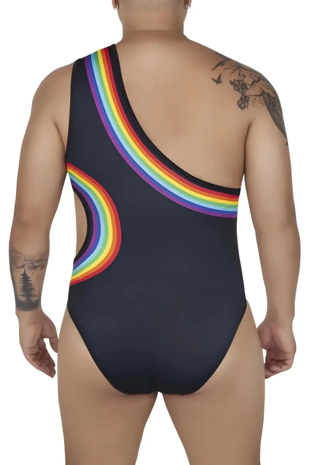 Black CandyMan 99702X one-piece swimsuit with vibrant rainbow arc design on shoulder and side front view