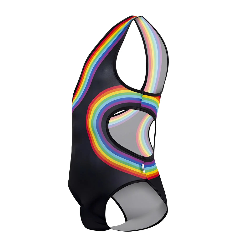 Black Candyman 99702X one-piece swimsuit with vibrant rainbow arc design and mesh panels