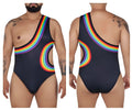 Black one-piece swimsuit candyman 99702x featuring a vibrant rainbow arc and cutout details shown from the back side