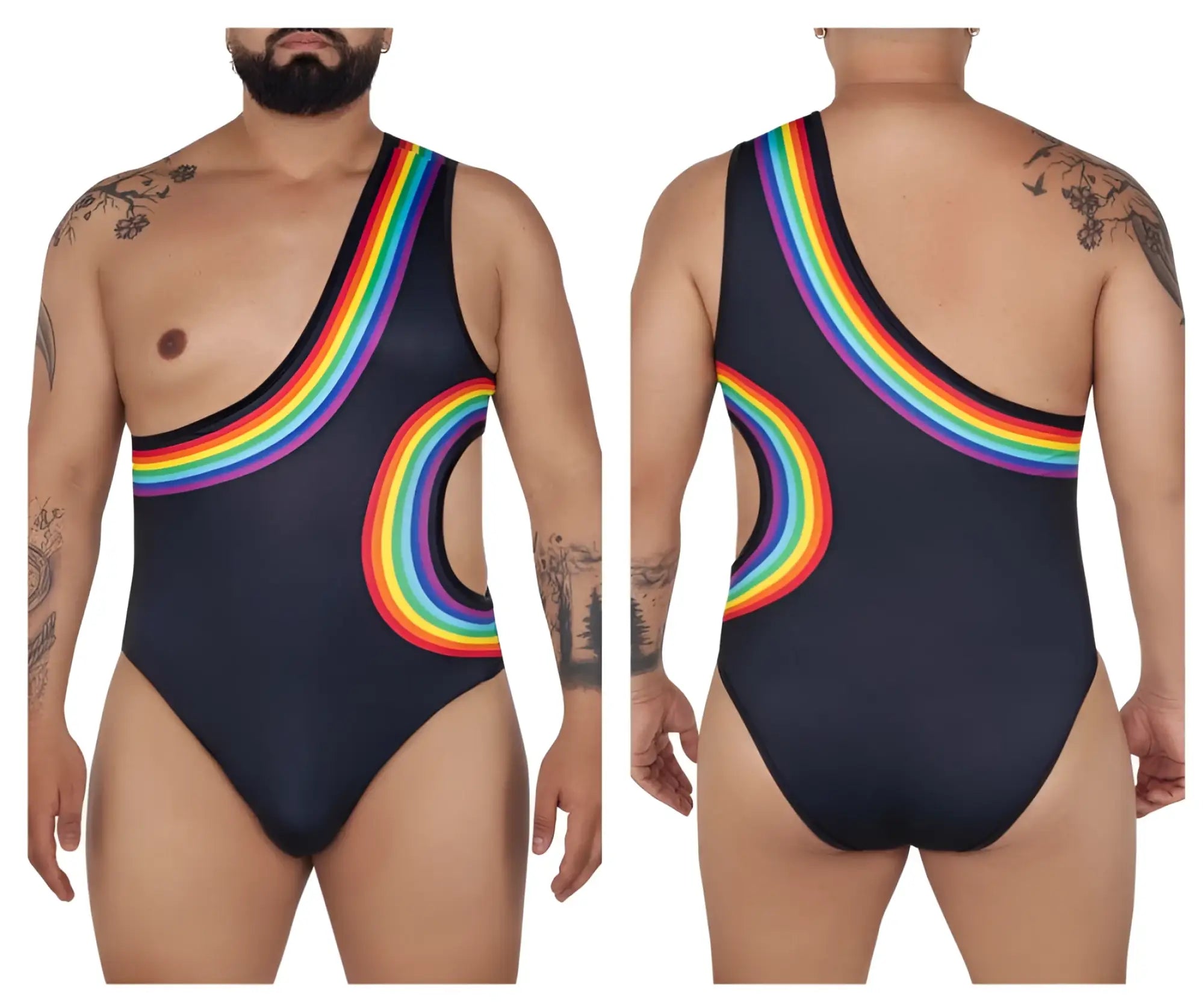 Black one-piece swimsuit candyman 99702x featuring a vibrant rainbow arc and cutout details shown from the back side