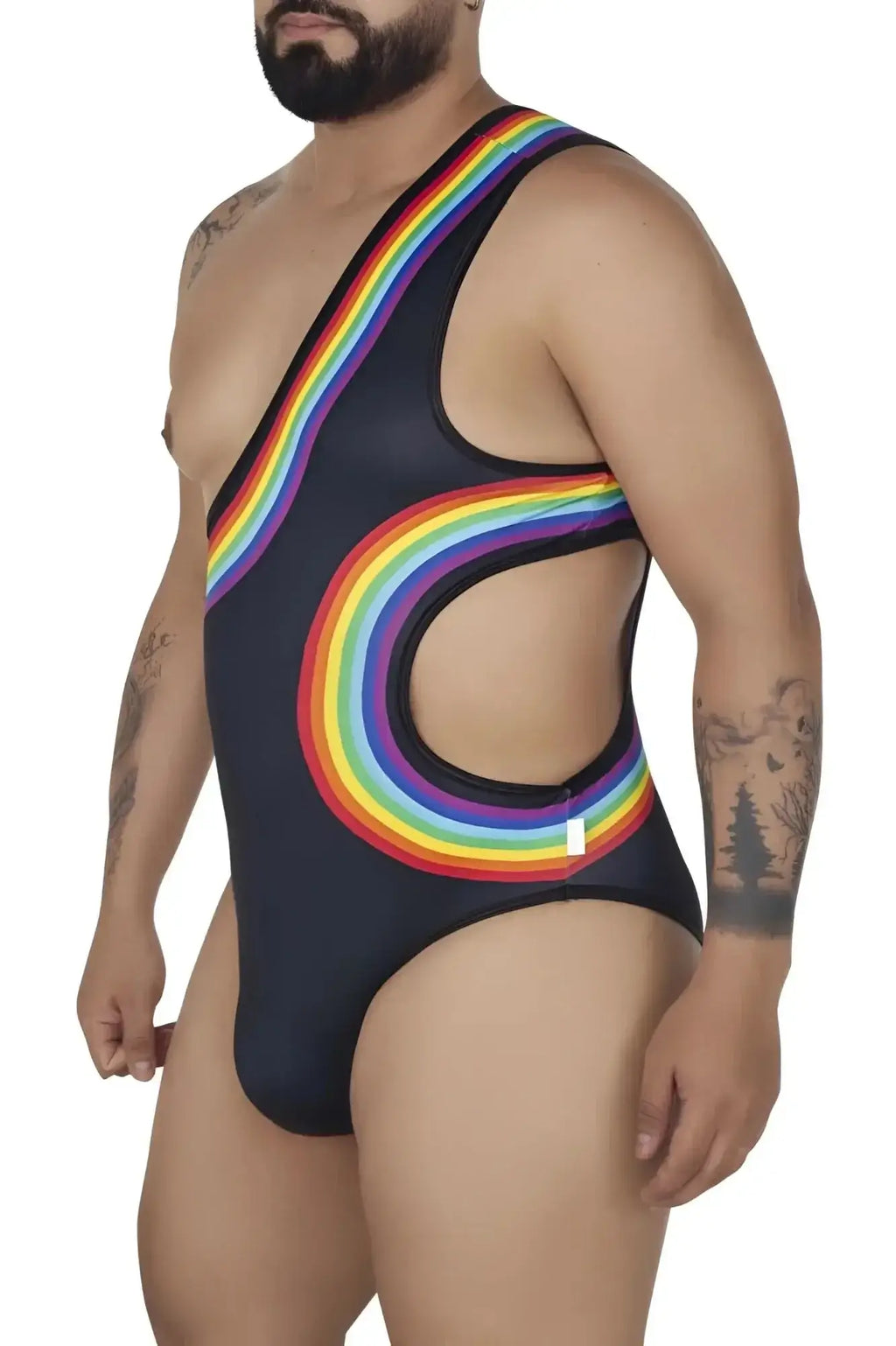 Black CandyMan 99702X one-piece swimsuit with vibrant rainbow arc design on torso and hip area