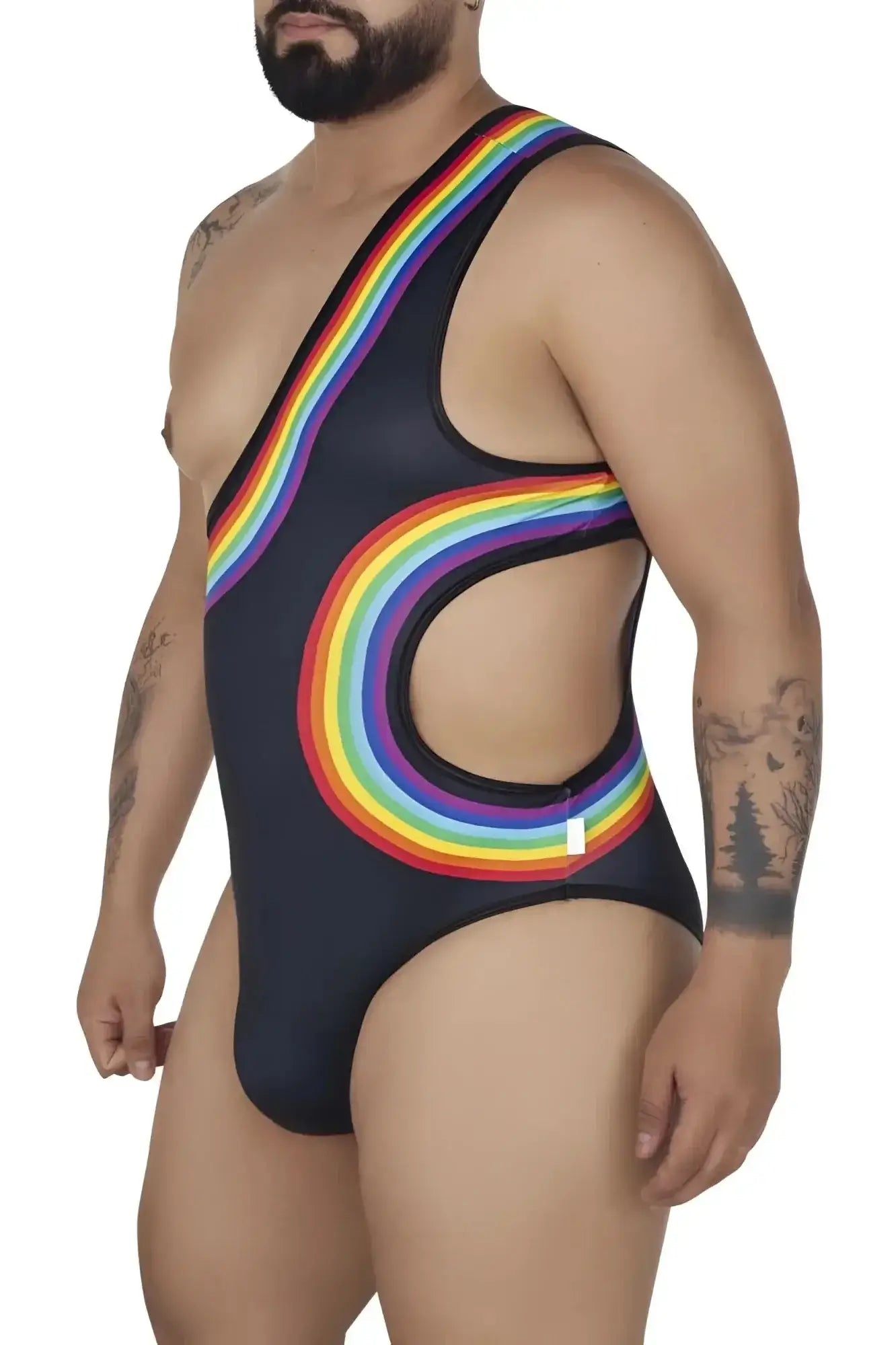 Black CandyMan 99702X one-piece swimsuit with vibrant rainbow arc design on torso and hip area
