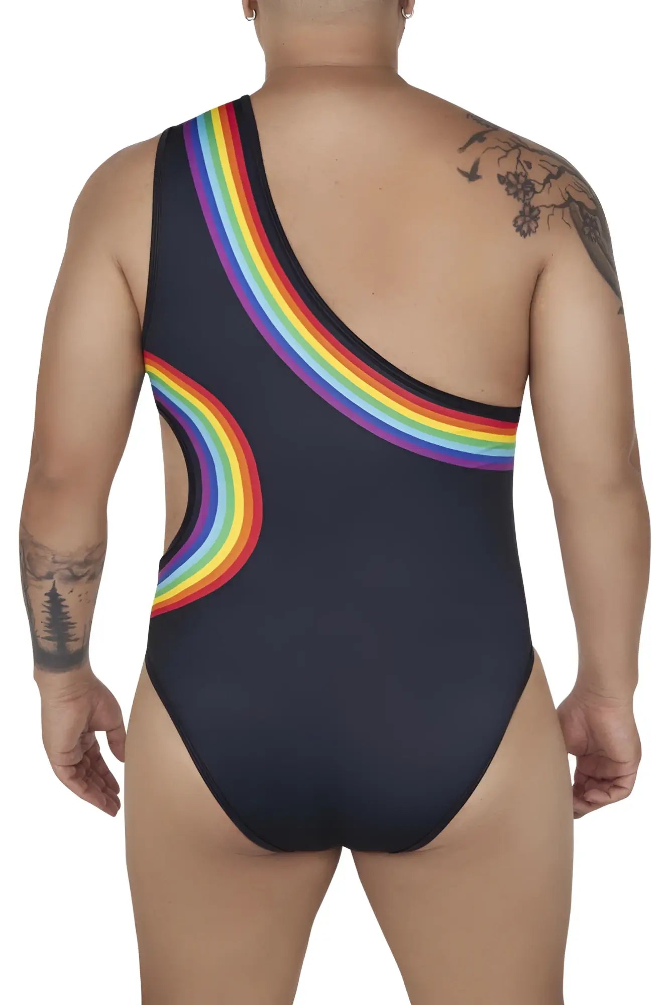 Black CandyMan 99702X one-piece swimsuit with vibrant rainbow arc design on shoulder and side front view