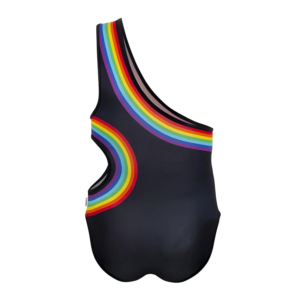 Black on-shoulder swimsuit with vibrant rainbow arc design on shoulder and side candyMan 99702X rainbow bodysuit