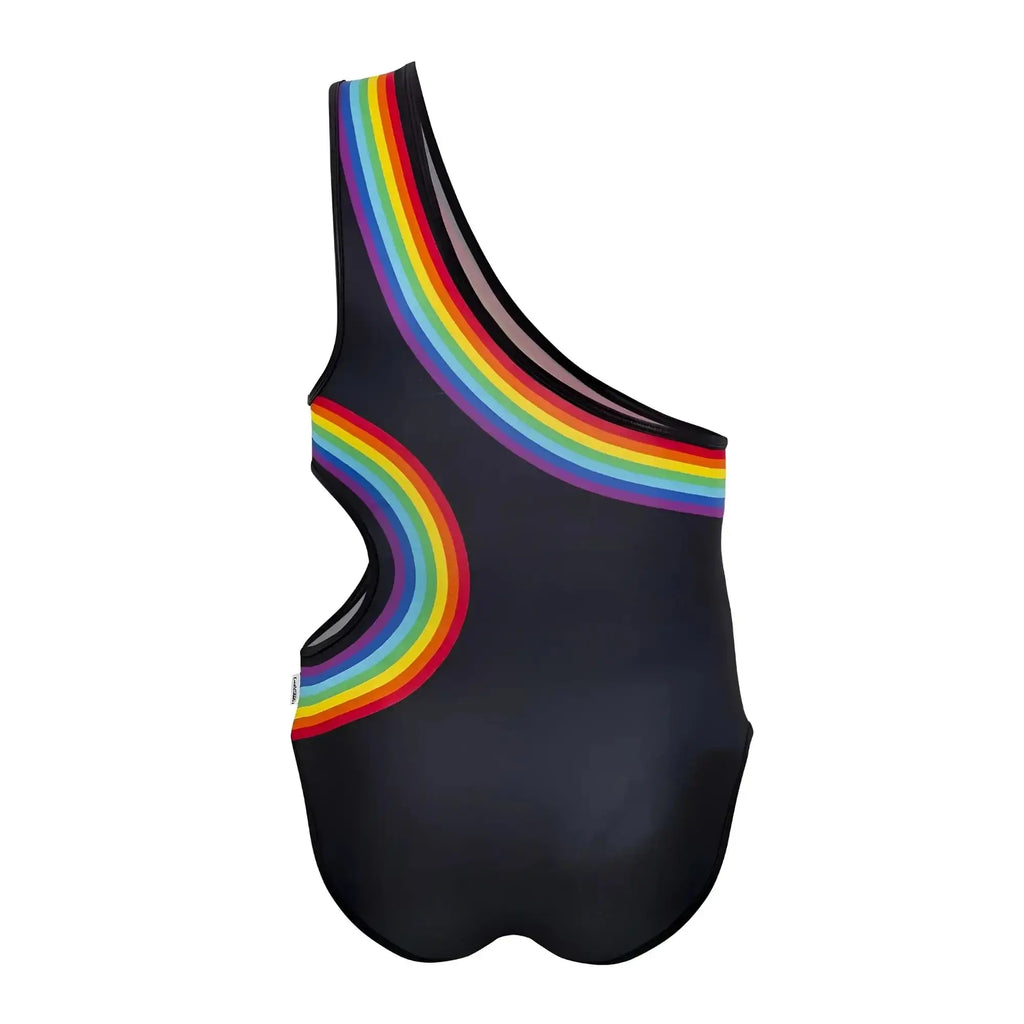 Black on-shoulder swimsuit with vibrant rainbow arc design on shoulder and side candyMan 99702X rainbow bodysuit