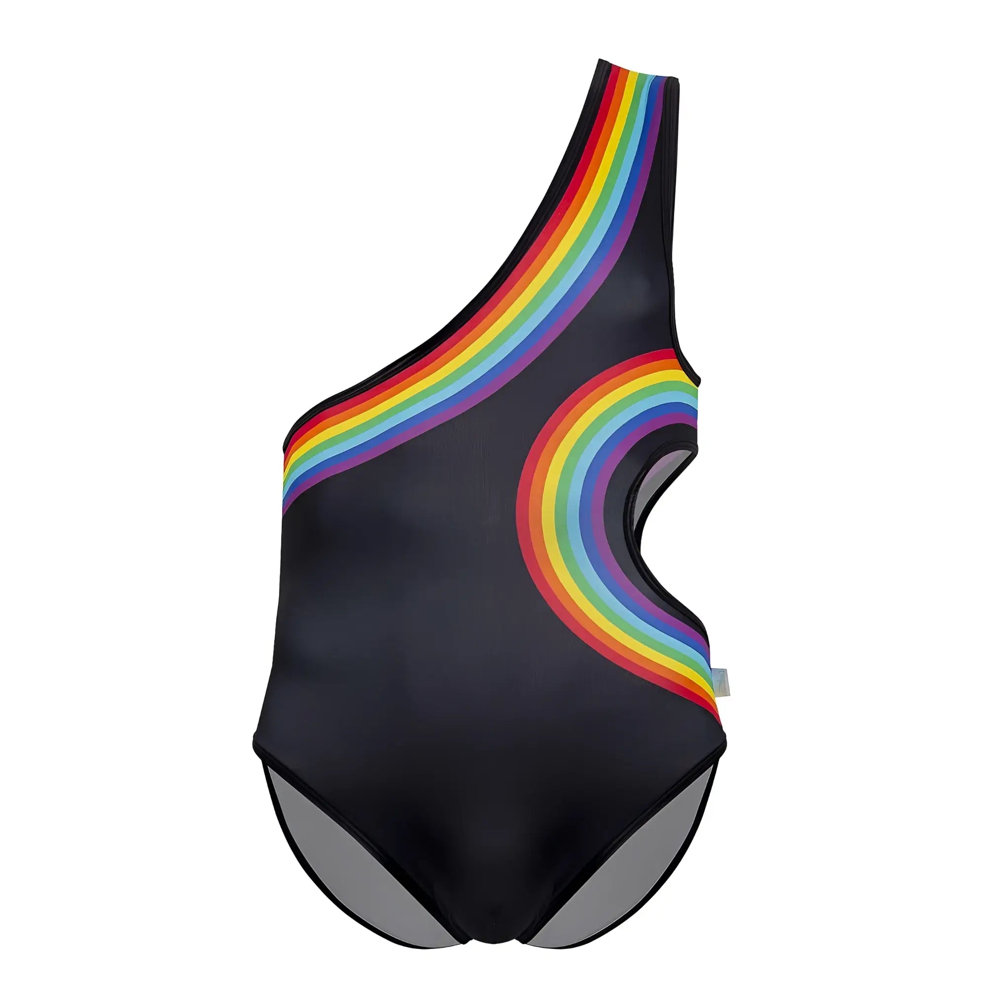 Black on-shoulder swimsuit candyMan 99702X with vibrant rainbow curved stripes in red orange yellow green blue purple