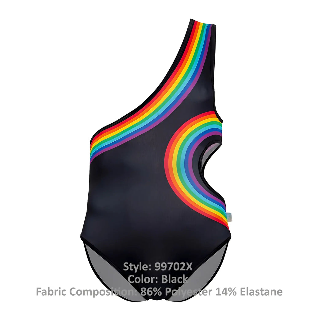 Black one-shoulder swimsuit with vibrant rainbow arc design along shoulder and side candyMan 99702X rainbow bodysuit