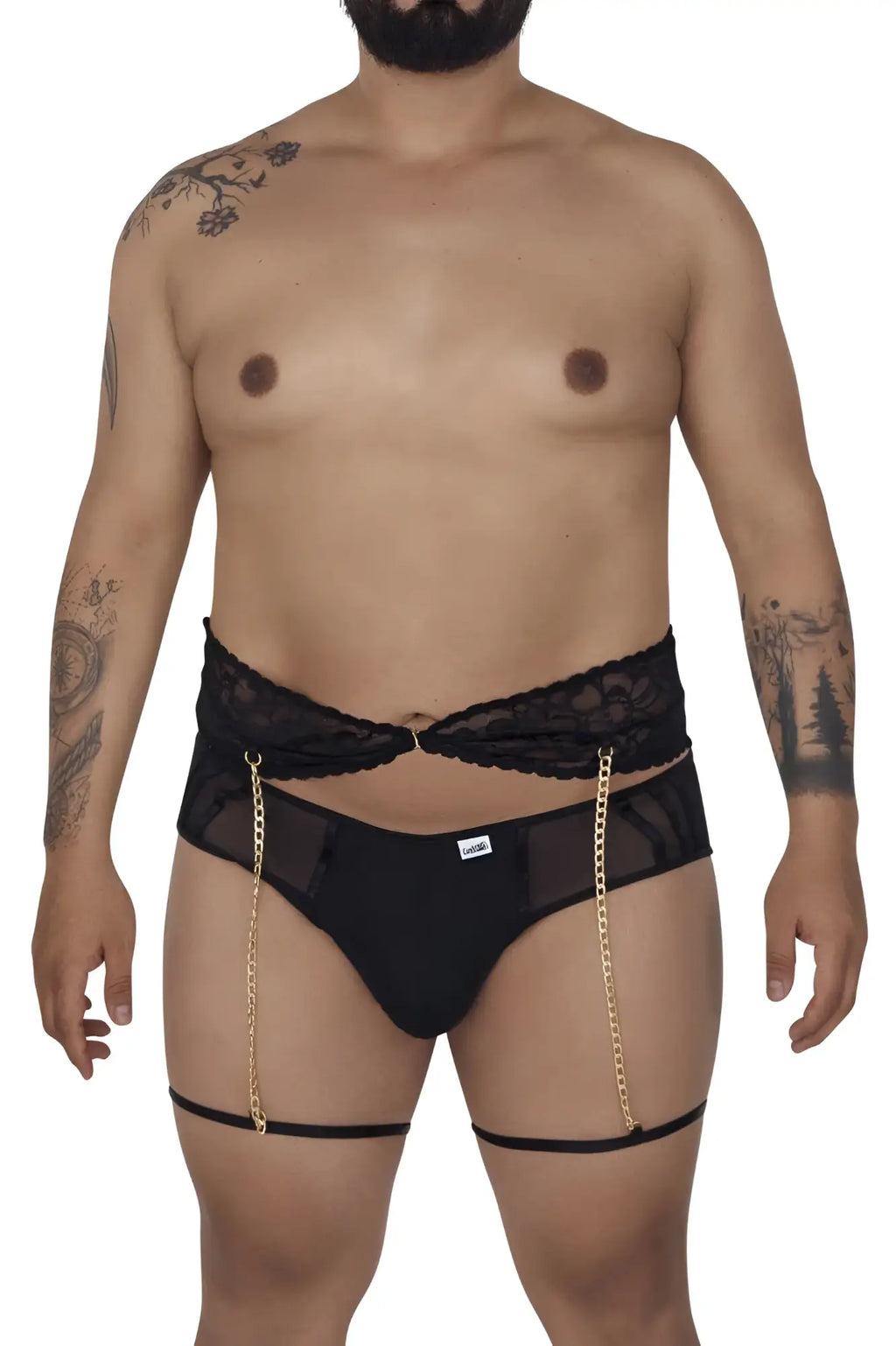 Black candyMan 99703X garter briefs with lace trim gold chain detailing and mesh panels in two piece set