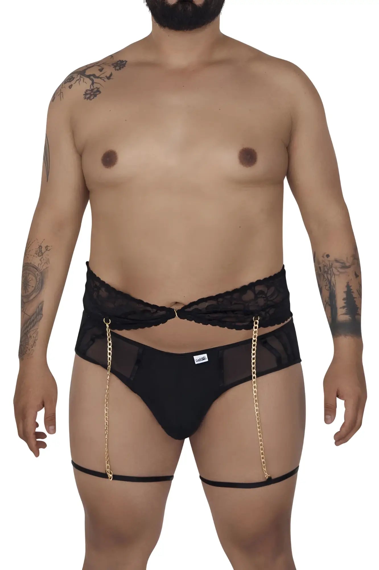 Black candyMan 99703X garter briefs with lace trim gold chain detailing and mesh panels in two piece set