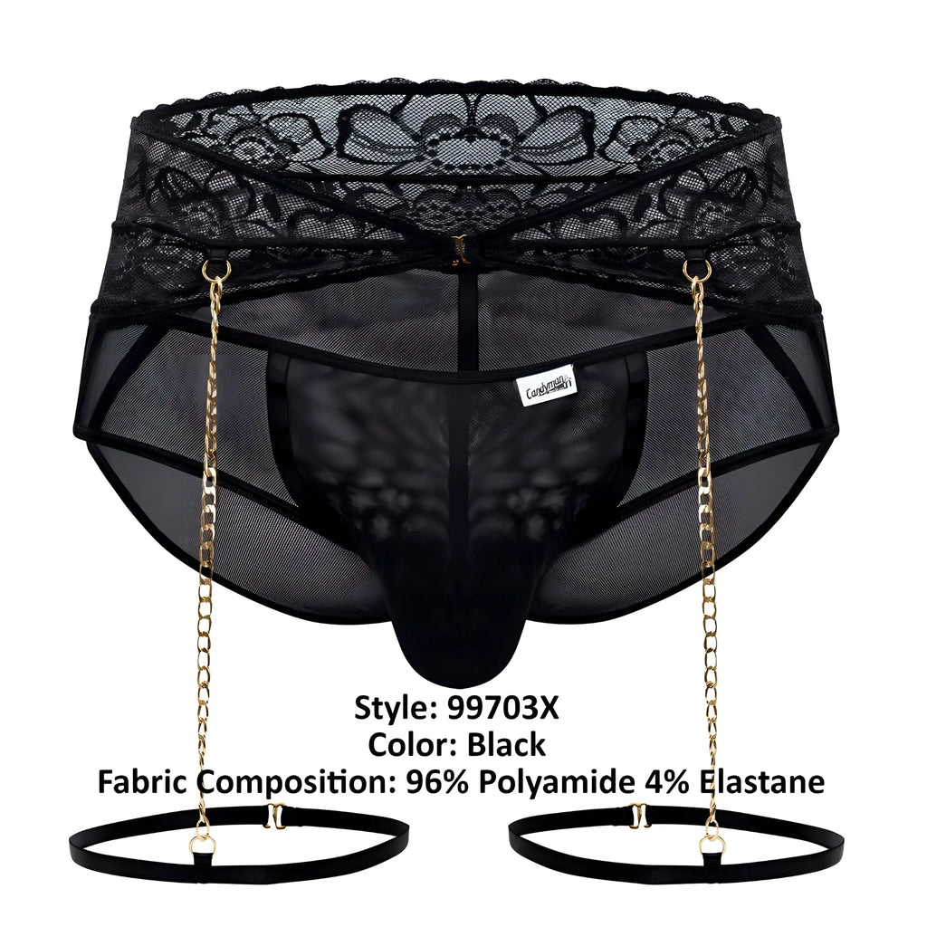 Black candyMan 99703X garter briefs two piece set featuring lace-trimmed mesh briefs with gold chain suspenders