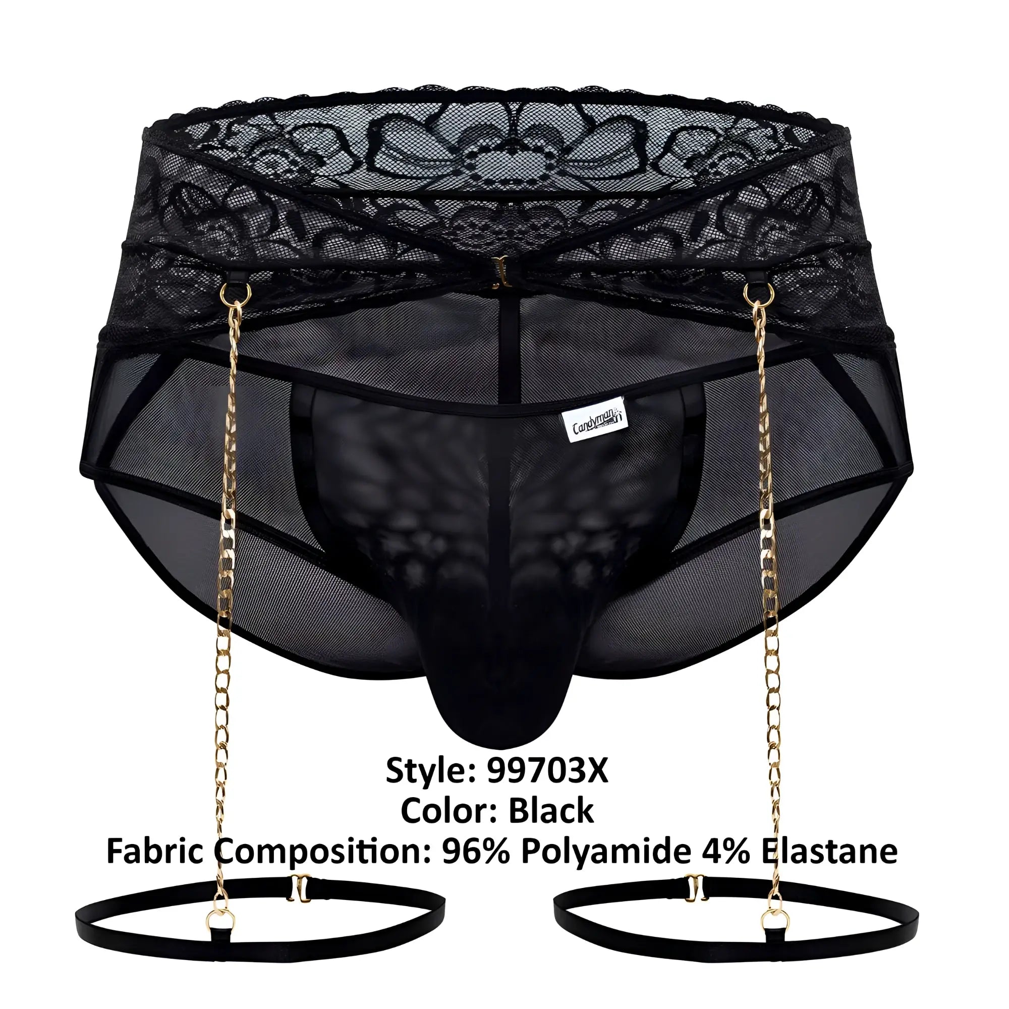 Black candyMan 99703X garter briefs two piece set featuring lace-trimmed mesh briefs with gold chain suspenders