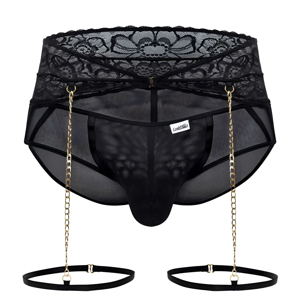 Black candyMan 99703X garter briefs two piece set with lace-trimmed mesh fabric gold chain suspenders and elastic straps