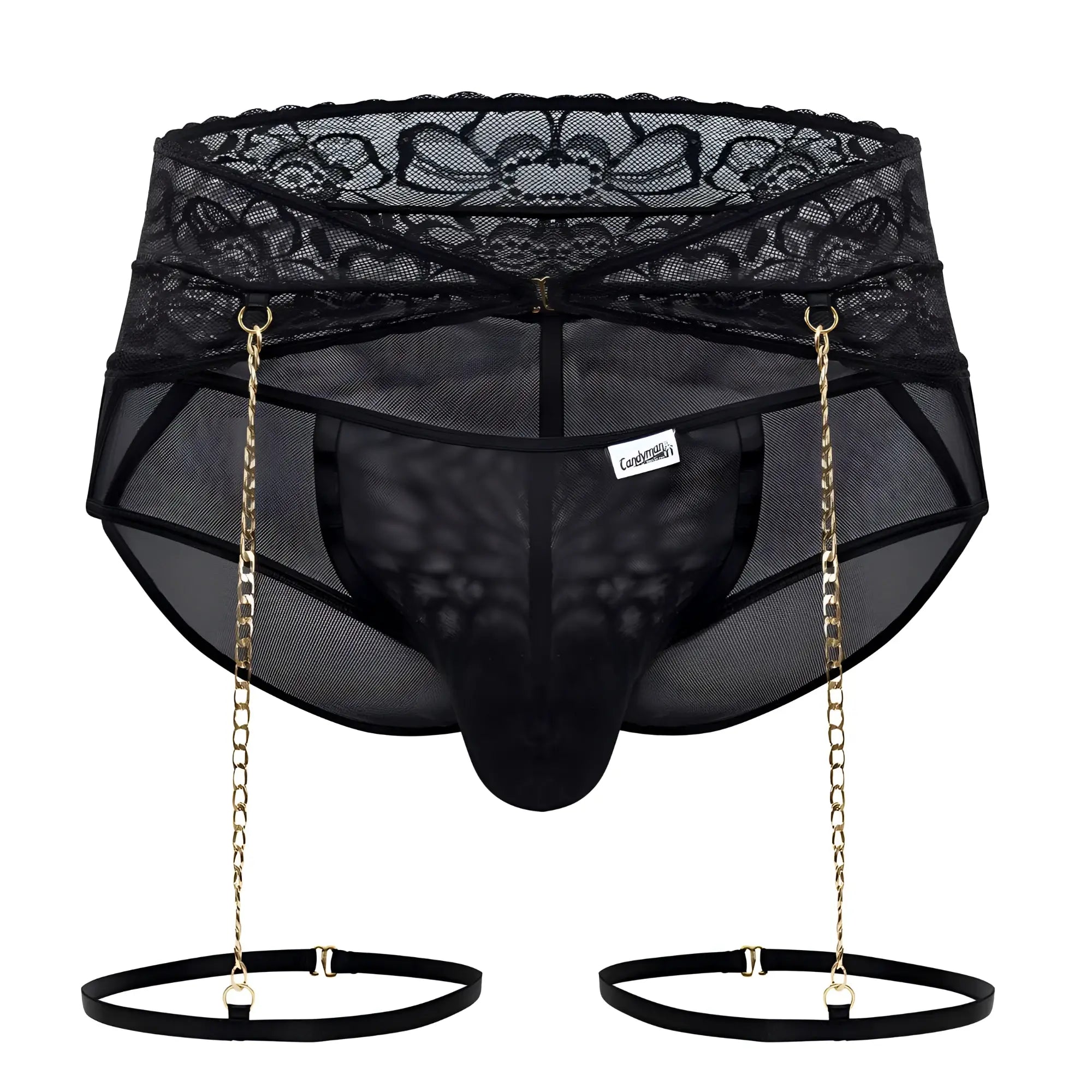 Black candyMan 99703X garter briefs two piece set with lace-trimmed mesh fabric gold chain suspenders and elastic straps
