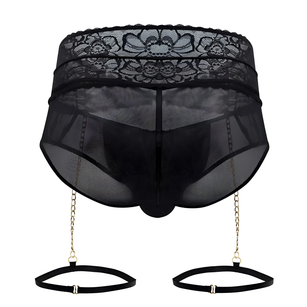 Black lace-trimmed mesh briefs with gold chain suspenders and black adjustable straps from candyman 99703x set