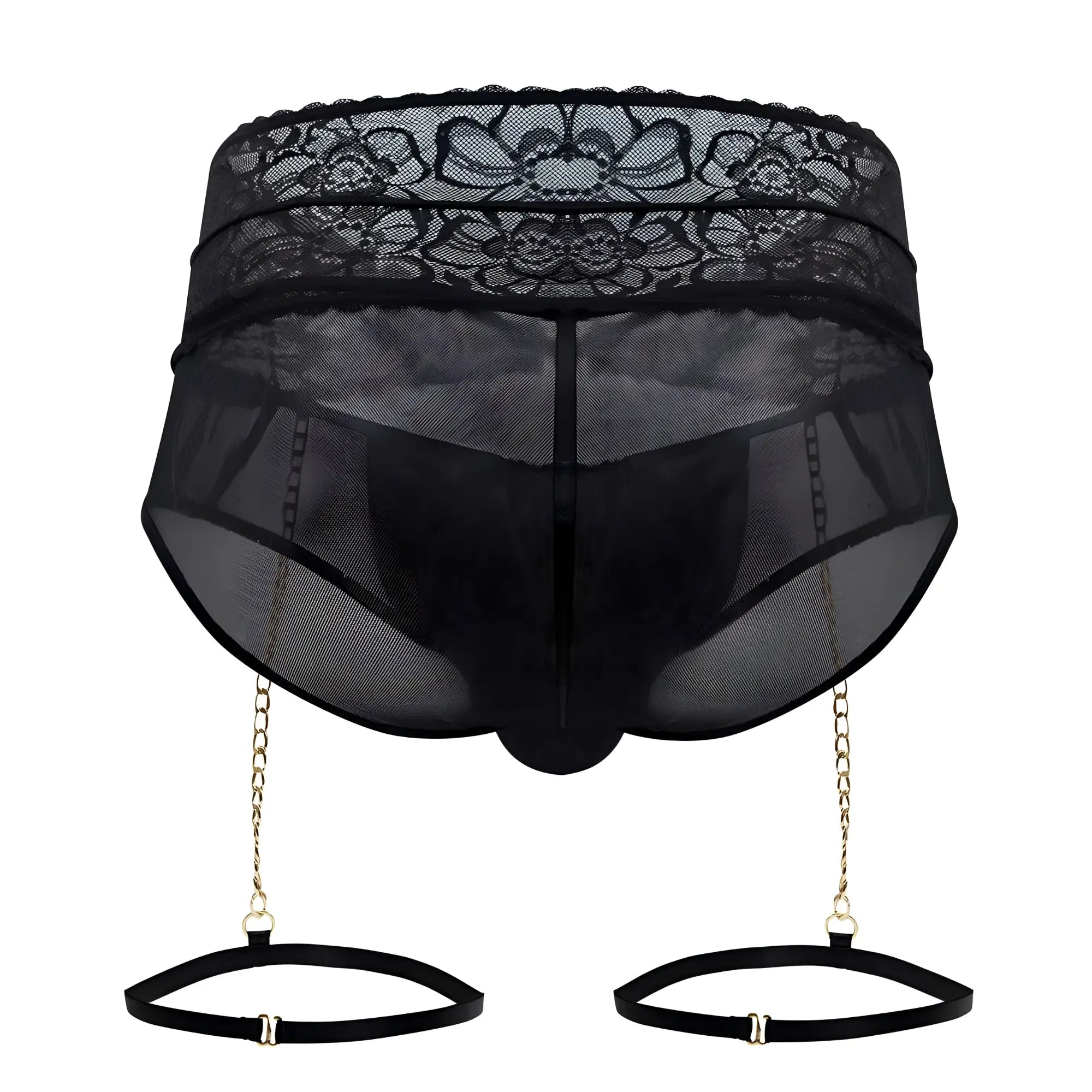 Black lace-trimmed mesh briefs with gold chain suspenders and black adjustable straps from candyman 99703x set