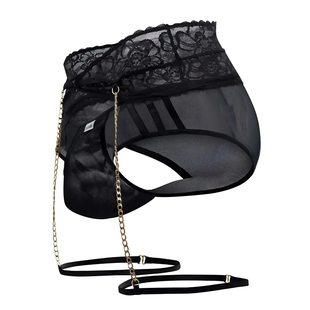 Black lace-trimmed mesh hip bag with gold chain strap and adjustable black belt from candyman 99703x garter briefs set