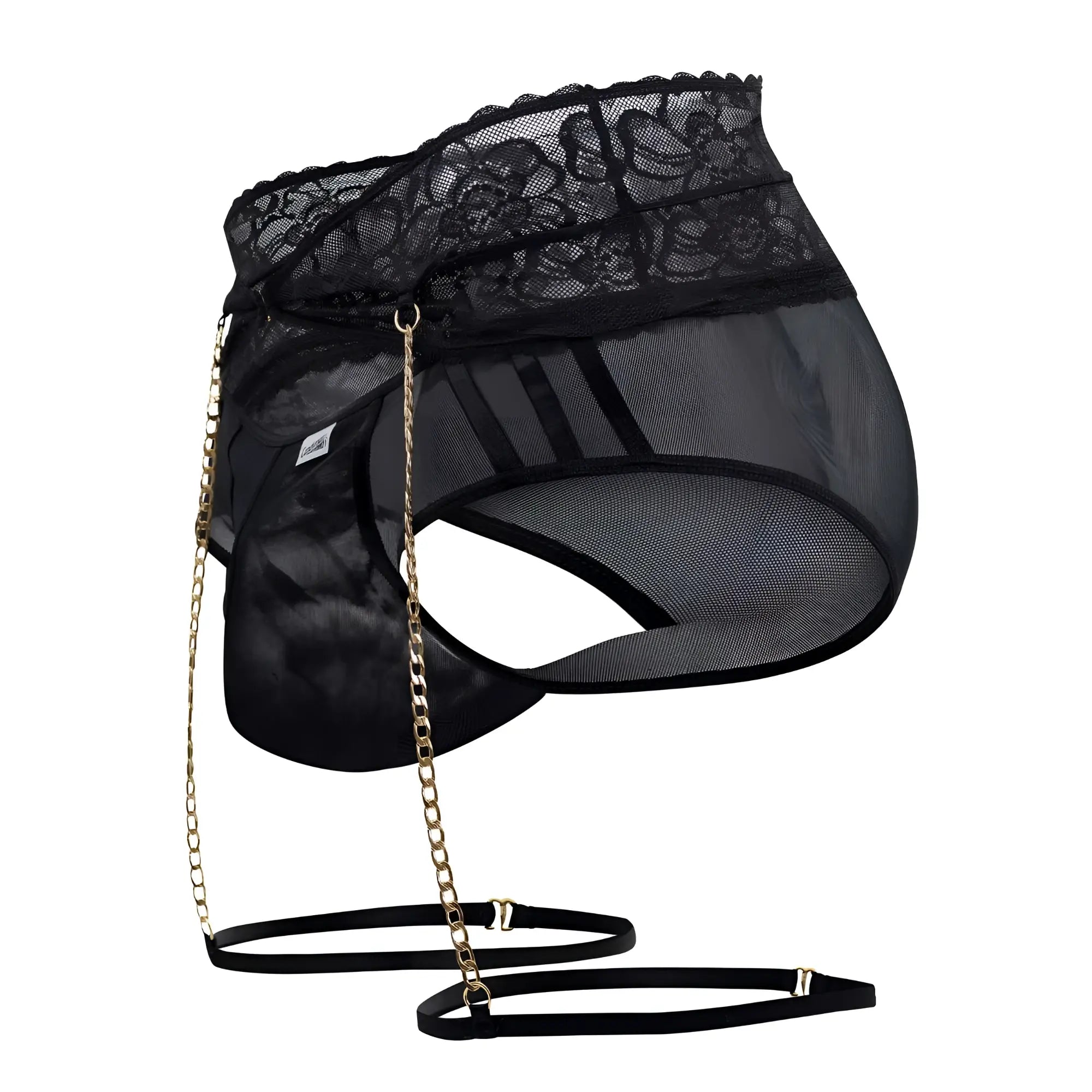 Black lace-trimmed mesh hip bag with gold chain strap and adjustable black belt from candyman 99703x garter briefs set