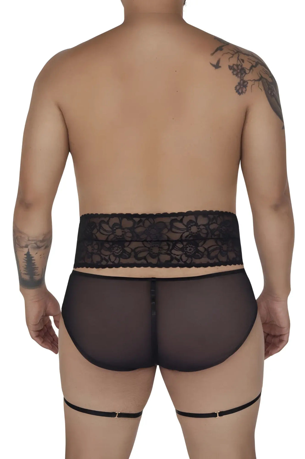 Black candyMan 99703X garter briefs two piece set with lace-trimmed sheer briefs and matching thigh straps