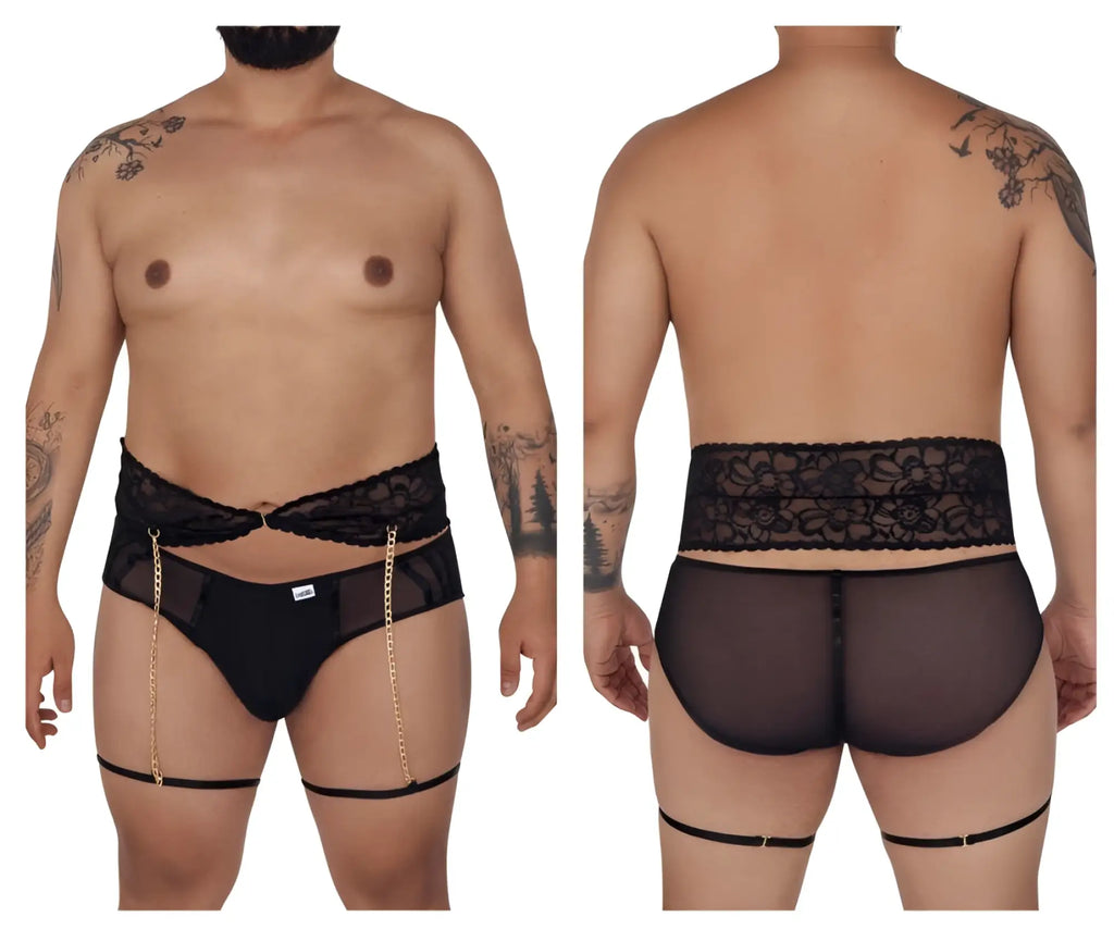 Black candyMan 99703X garter briefs two piece set sheer lace-trimmed briefs with gold chain and adjustable leg straps