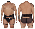 Black candyMan 99703X garter briefs two piece set sheer lace-trimmed briefs with gold chain and adjustable leg straps