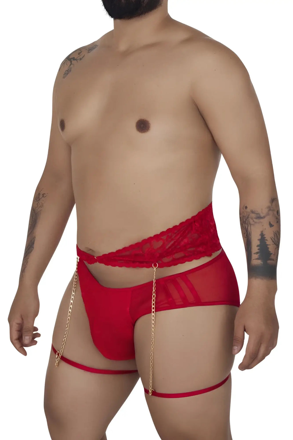 Red lace and mesh mens lingerie garter briefs two piece set with gold chain straps in bright red by candyman