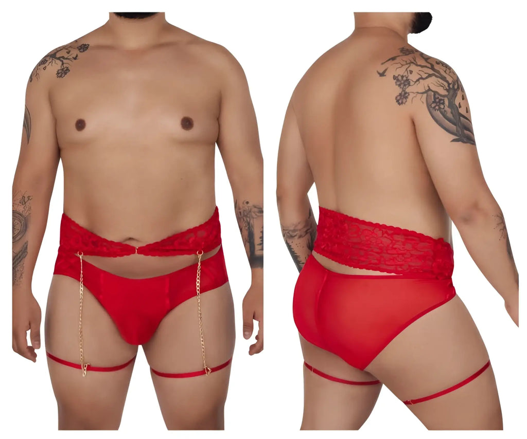 Red lace-trimmed CandyMan 99703X garter briefs two piece set with gold chain straps in red color