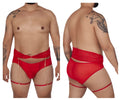 Red lace-trimmed CandyMan 99703X garter briefs two piece set with gold chain straps in red color