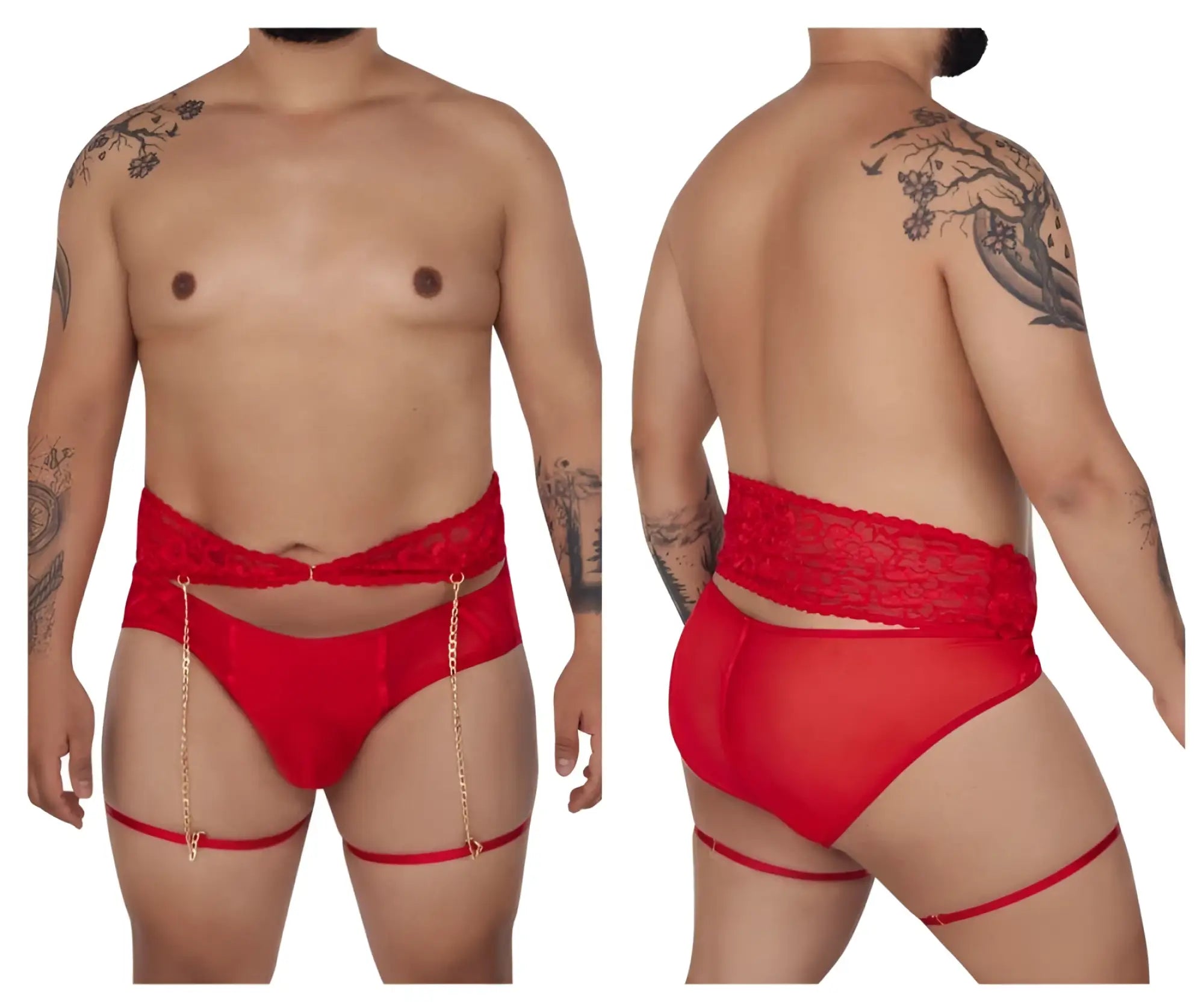 Red lace-trimmed CandyMan 99703X garter briefs two piece set with gold chain straps in red color