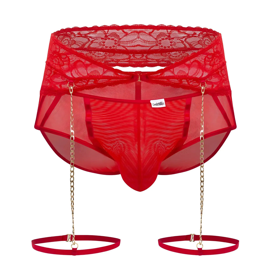 Red candyMan 99703X garter briefs two piece set with lace trim mesh and gold chain suspenders