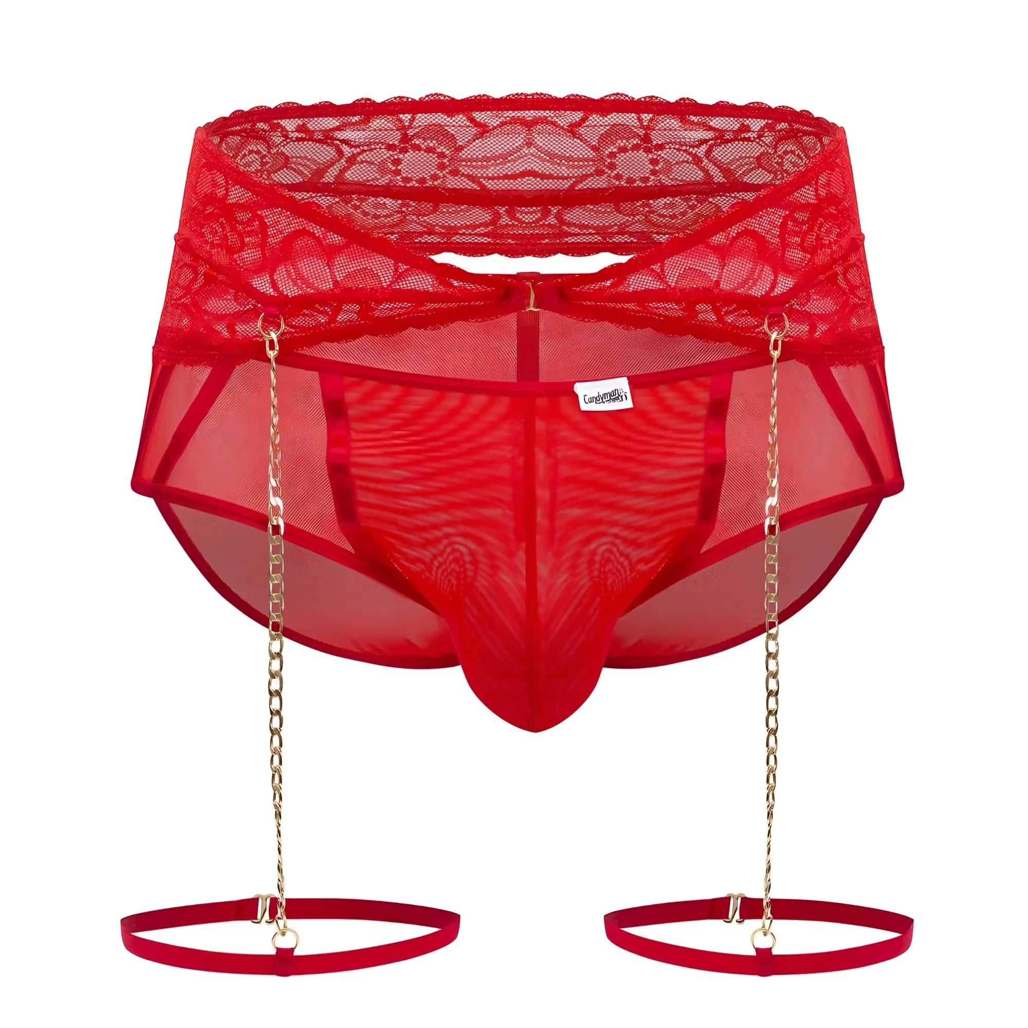 Red candyMan 99703X garter briefs two piece set with lace trim mesh and gold chain suspenders