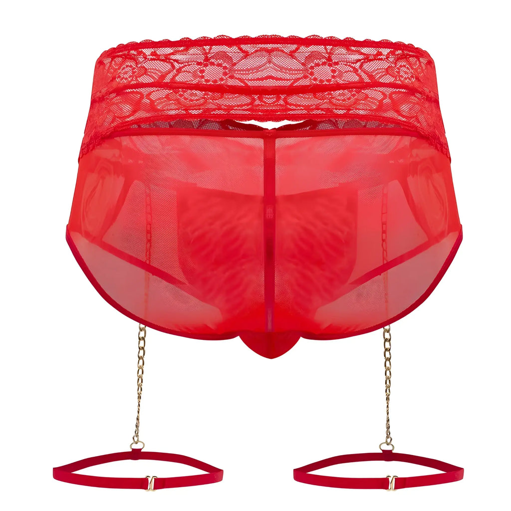 Red lace-trimmed sheer briefs with gold chain suspenders and matching garter straps from candyman 99703x set