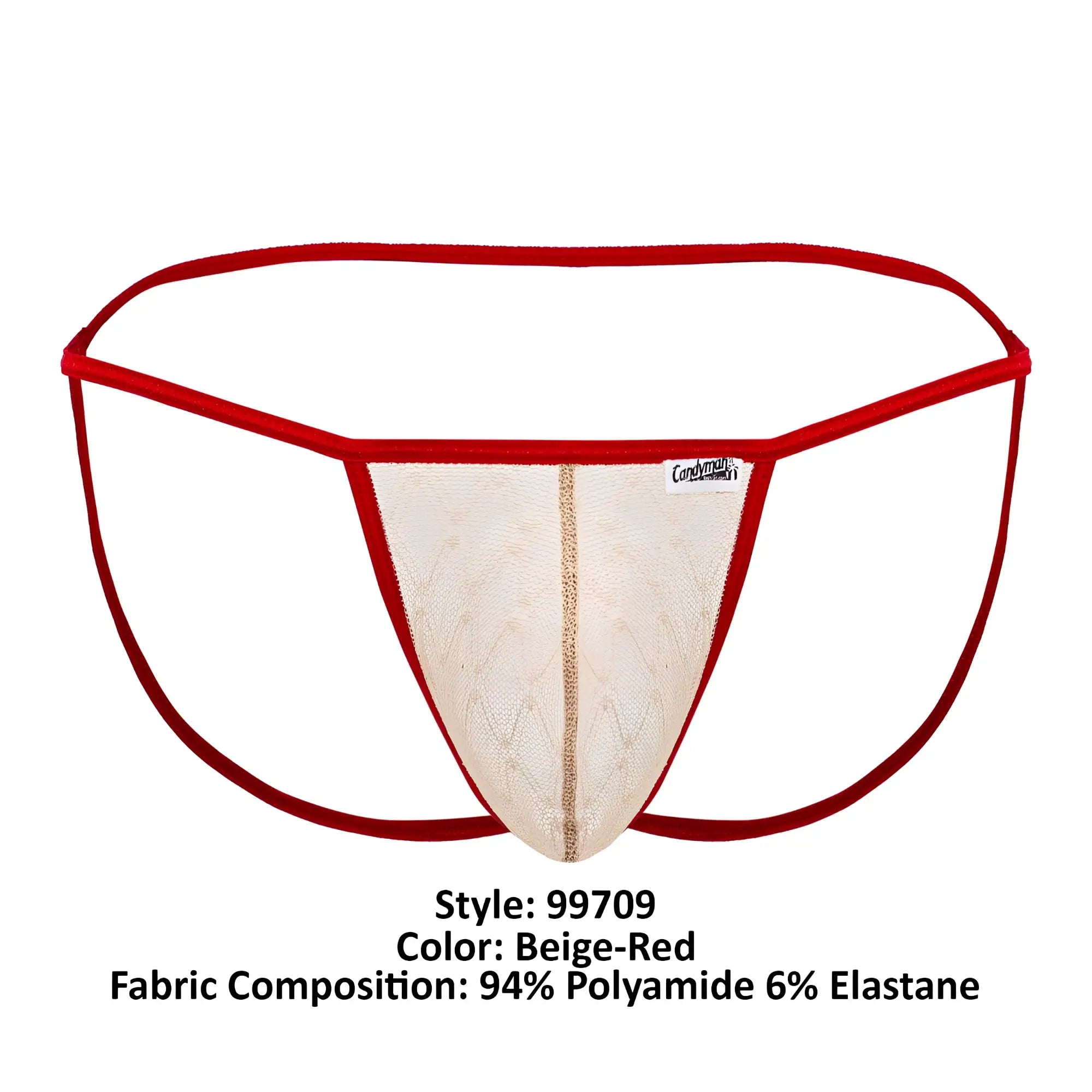 CandyMan 99709 micro lace jockstrap beige red mesh thong with central gold-colored seam detail